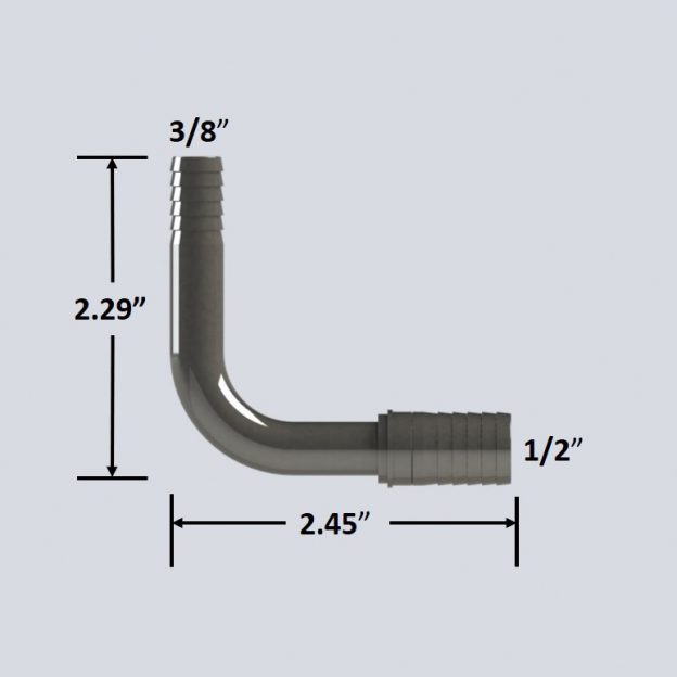 7133, 3/8" x1/2" Reducing Barb Splicer Elbow, Stainless Steel