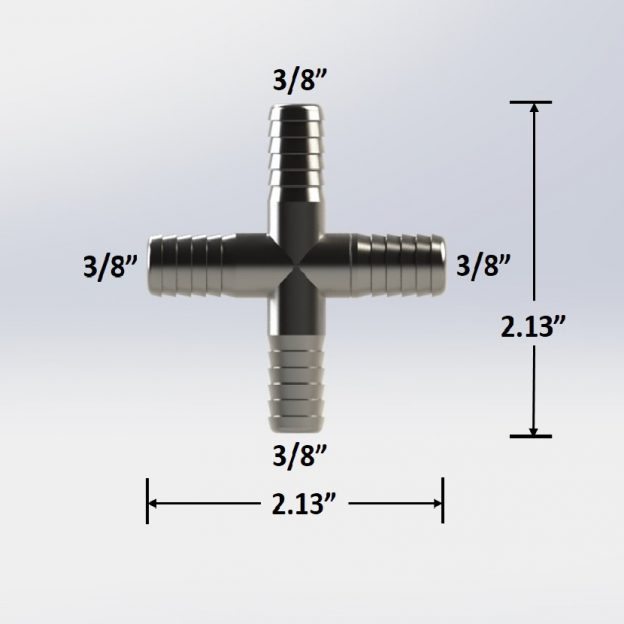 9011, 3/8" Barbed 4 Way Cross, Stainless Steel